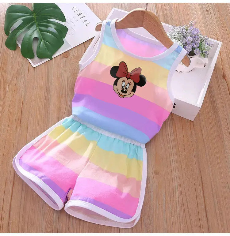 Summer Baby Kids Clothes Sets Cute Minnie Mickey Cartoon Girls and Boys Vest and Shorts 2pieces Disney Children's Outfits