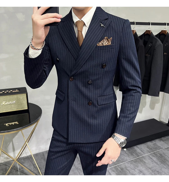 2023 Fashion New Men's Boutique Business Slim Wedding Striped Double Breasted Suit Blazers Jacket Pants Trousers Vest 3 Pcs Set