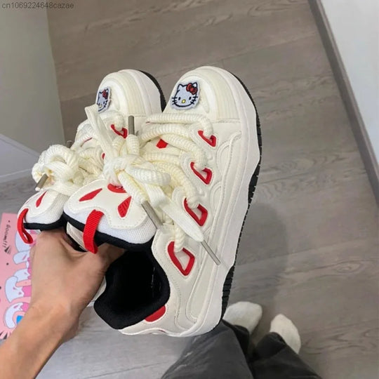 Sanrio Cartoon Hello Kitty Sneakers Women Thick Sole Bread Shoes Y2k Preppy Cute Casual Sport Shoes Student Skate Shoes New 2023