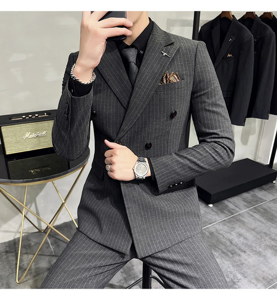 2023 Fashion New Men's Boutique Business Slim Wedding Striped Double Breasted Suit Blazers Jacket Pants Trousers Vest 3 Pcs Set