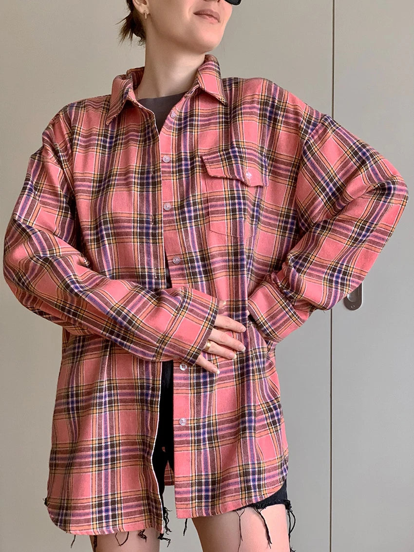 Mnealways18 Pink Plaid Shirts And Tops Women Street Wear Gingham Casual Long Sleeve Top Single-Breasted Oversize Shirt Ladies