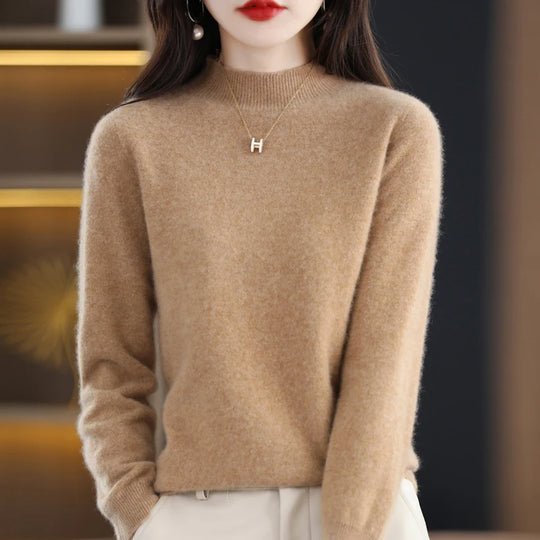 Autumn And Winter Women's Pullover 100% Pure Wool Seamless Ready-To-Wear Semi-High Collar Skin-Friendly Fashion Knitted Sweater