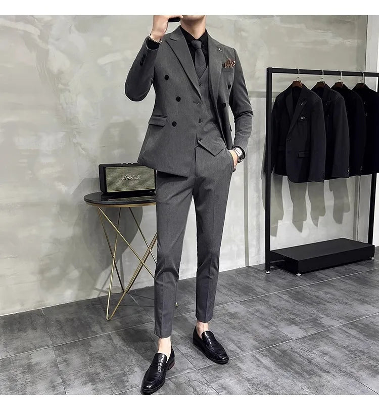 2023 Fashion New Men's Boutique Business Slim Wedding Striped Double Breasted Suit Blazers Jacket Pants Trousers Vest 3 Pcs Set