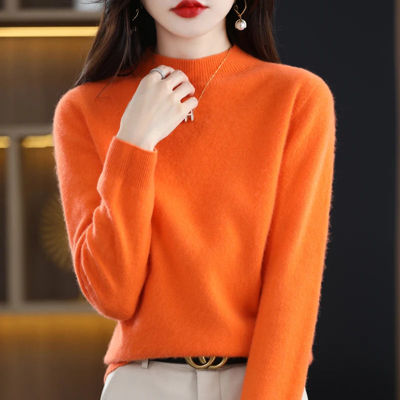 Autumn And Winter Women's Pullover 100% Pure Wool Seamless Ready-To-Wear Semi-High Collar Skin-Friendly Fashion Knitted Sweater