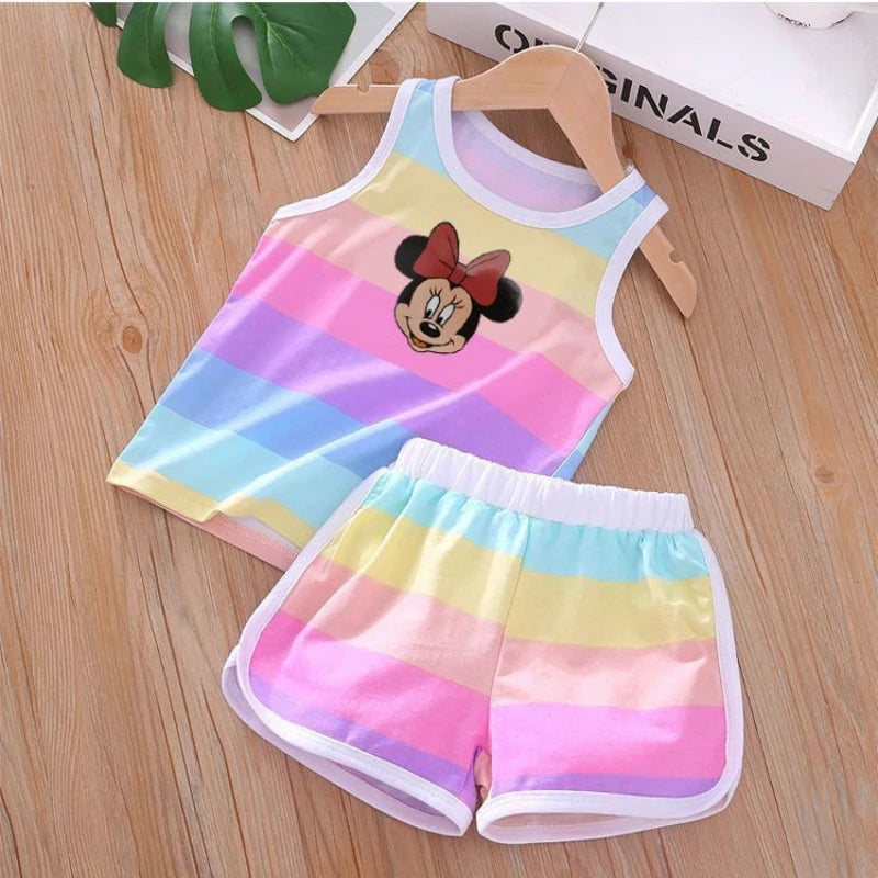 Summer Baby Kids Clothes Sets Cute Minnie Mickey Cartoon Girls and Boys Vest and Shorts 2pieces Disney Children's Outfits