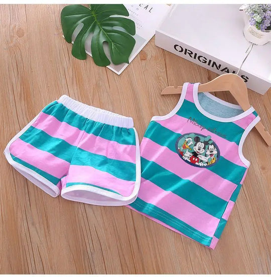 Summer Baby Kids Clothes Sets Cute Minnie Mickey Cartoon Girls and Boys Vest and Shorts 2pieces Disney Children's Outfits