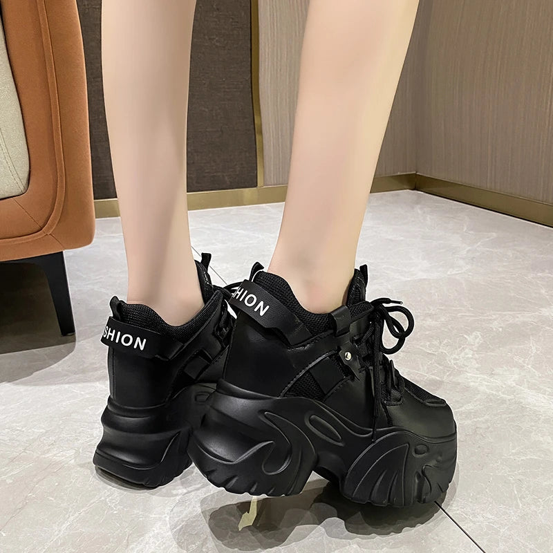 10.5CM Women Platform Sneakers Lace-up Autumn Sports Dad Shoes High Top Chunky Casual Shoes Woman Thick Bottom Mesh White Shoes