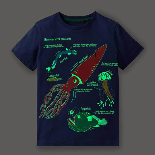 2024 Summer New Fashion Children Luminous Dinosaurs Shark Cartoon T-shirt Boys Shirt Jumper Top Kids Clothes