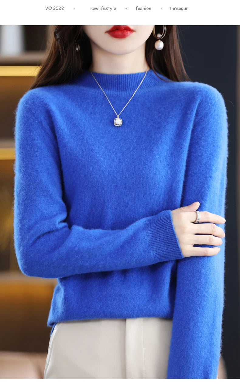 Autumn And Winter Women's Pullover 100% Pure Wool Seamless Ready-To-Wear Semi-High Collar Skin-Friendly Fashion Knitted Sweater