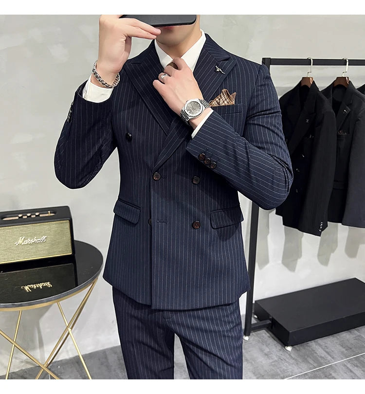 2023 Fashion New Men's Boutique Business Slim Wedding Striped Double Breasted Suit Blazers Jacket Pants Trousers Vest 3 Pcs Set