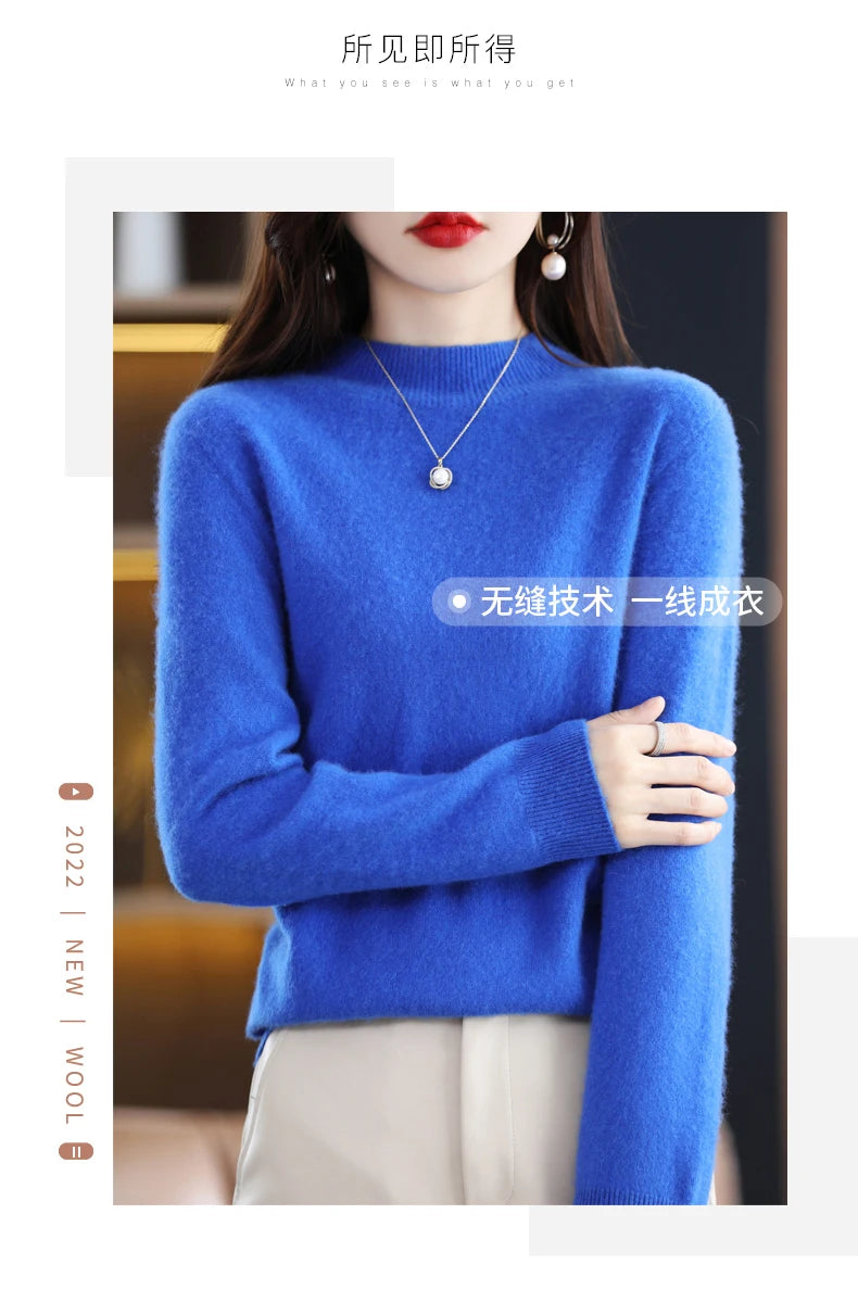 Autumn And Winter Women's Pullover 100% Pure Wool Seamless Ready-To-Wear Semi-High Collar Skin-Friendly Fashion Knitted Sweater