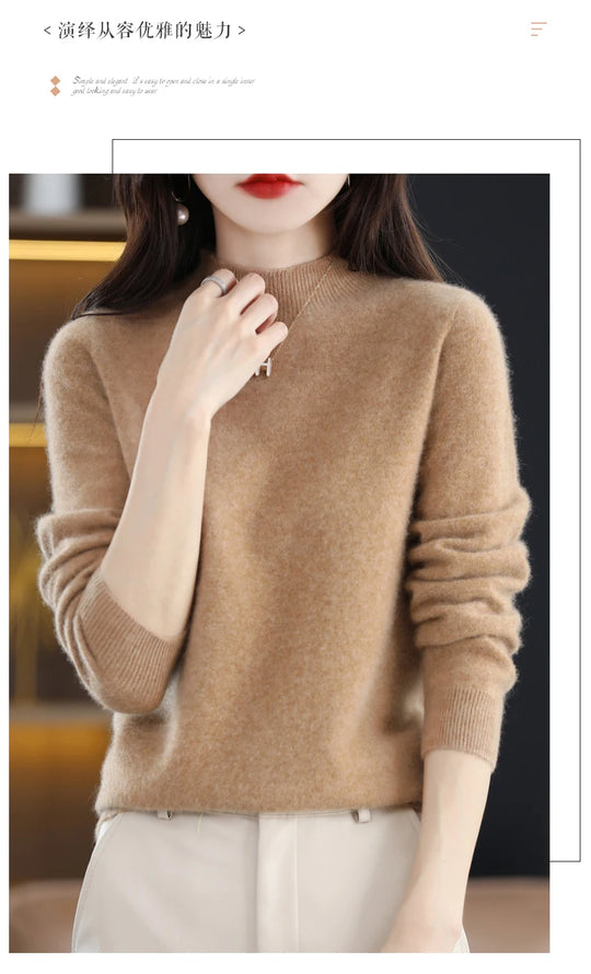 Autumn And Winter Women's Pullover 100% Pure Wool Seamless Ready-To-Wear Semi-High Collar Skin-Friendly Fashion Knitted Sweater