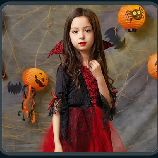 2024 Girls Cosplay Vampire Halloween Dress For Kids Ghost Bride Gothic Costume Count Vampiran Carnival Outfit Black Red Clothes