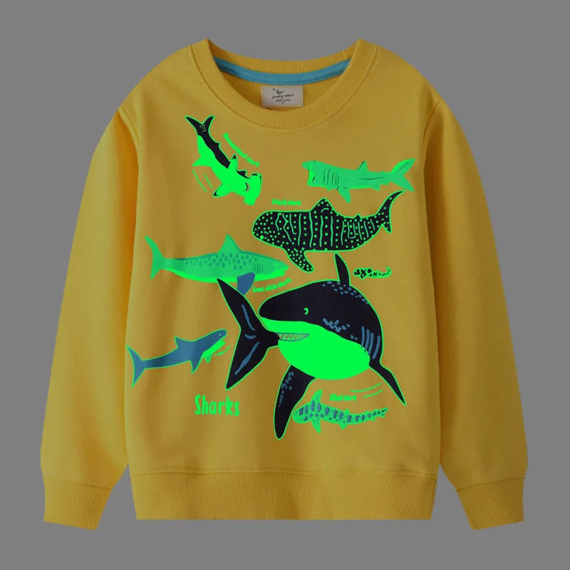 2024 Summer New Fashion Children Luminous Dinosaurs Shark Cartoon T-shirt Boys Shirt Jumper Top Kids Clothes