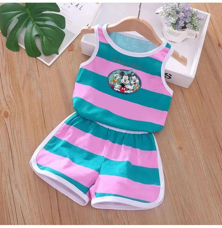 Summer Baby Kids Clothes Sets Cute Minnie Mickey Cartoon Girls and Boys Vest and Shorts 2pieces Disney Children's Outfits