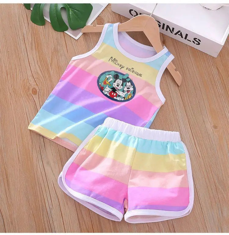 Summer Baby Kids Clothes Sets Cute Minnie Mickey Cartoon Girls and Boys Vest and Shorts 2pieces Disney Children's Outfits