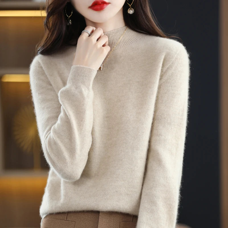 Autumn And Winter Women's Pullover 100% Pure Wool Seamless Ready-To-Wear Semi-High Collar Skin-Friendly Fashion Knitted Sweater