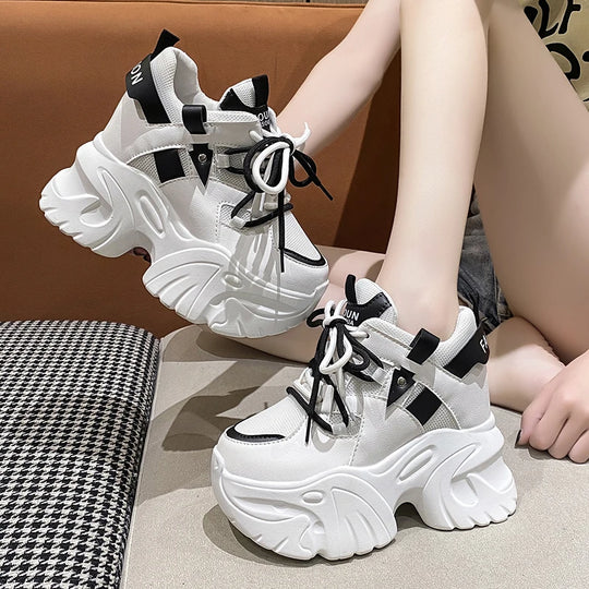 10.5CM Women Platform Sneakers Lace-up Autumn Sports Dad Shoes High Top Chunky Casual Shoes Woman Thick Bottom Mesh White Shoes