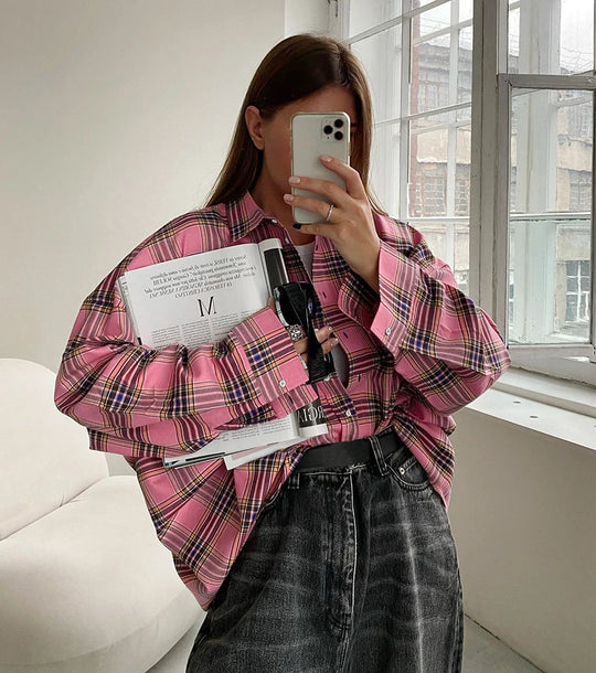 Mnealways18 Pink Plaid Shirts And Tops Women Street Wear Gingham Casual Long Sleeve Top Single-Breasted Oversize Shirt Ladies