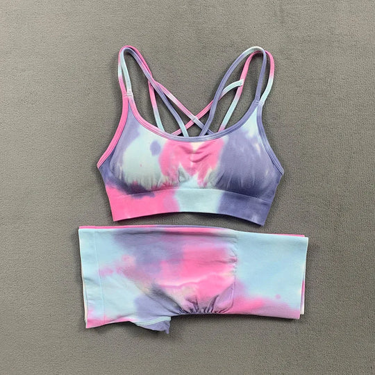 Tie Dye Two Piece Set Yoga Set Summer High Waist Stretch Gym Shorts Seamless Padded Yoga Bra Workout Suits Sports Wear Femme