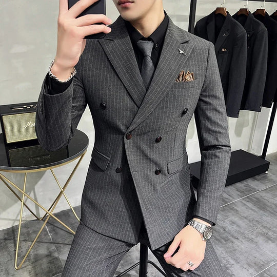 2023 Fashion New Men's Boutique Business Slim Wedding Striped Double Breasted Suit Blazers Jacket Pants Trousers Vest 3 Pcs Set