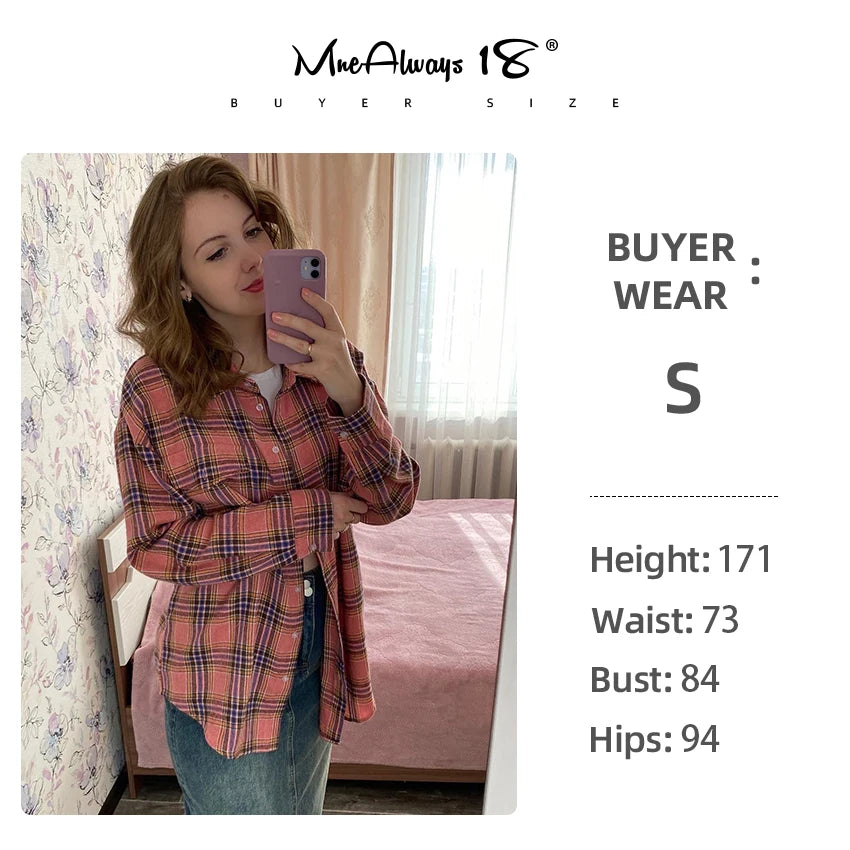 Mnealways18 Pink Plaid Shirts And Tops Women Street Wear Gingham Casual Long Sleeve Top Single-Breasted Oversize Shirt Ladies