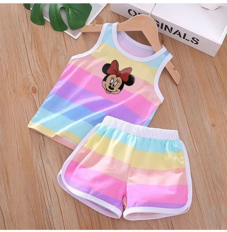 Summer Baby Kids Clothes Sets Cute Minnie Mickey Cartoon Girls and Boys Vest and Shorts 2pieces Disney Children's Outfits