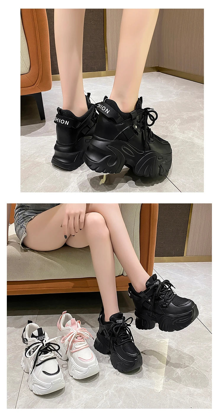 10.5CM Women Platform Sneakers Lace-up Autumn Sports Dad Shoes High Top Chunky Casual Shoes Woman Thick Bottom Mesh White Shoes