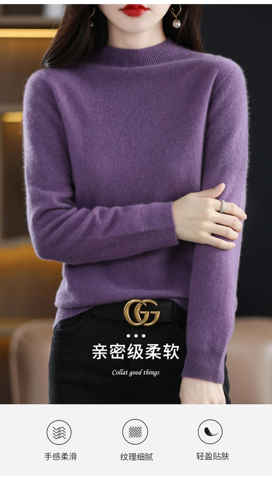 Autumn And Winter Women's Pullover 100% Pure Wool Seamless Ready-To-Wear Semi-High Collar Skin-Friendly Fashion Knitted Sweater