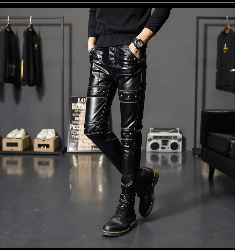 2024 New Winter Spring Mens Skinny Biker Leather Pants Fashion Faux Leather Motorcycle Trousers for Male Trouser Stage Club Wear