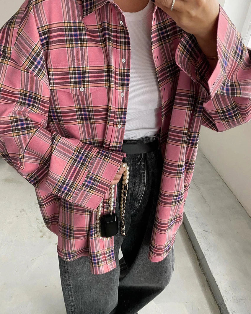 Mnealways18 Pink Plaid Shirts And Tops Women Street Wear Gingham Casual Long Sleeve Top Single-Breasted Oversize Shirt Ladies