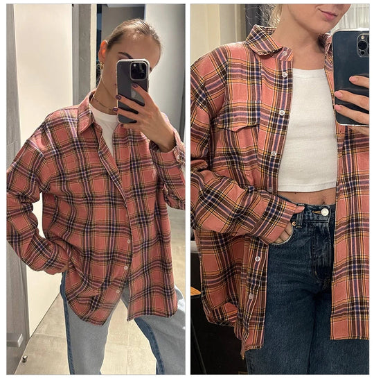 Mnealways18 Pink Plaid Shirts And Tops Women Street Wear Gingham Casual Long Sleeve Top Single-Breasted Oversize Shirt Ladies