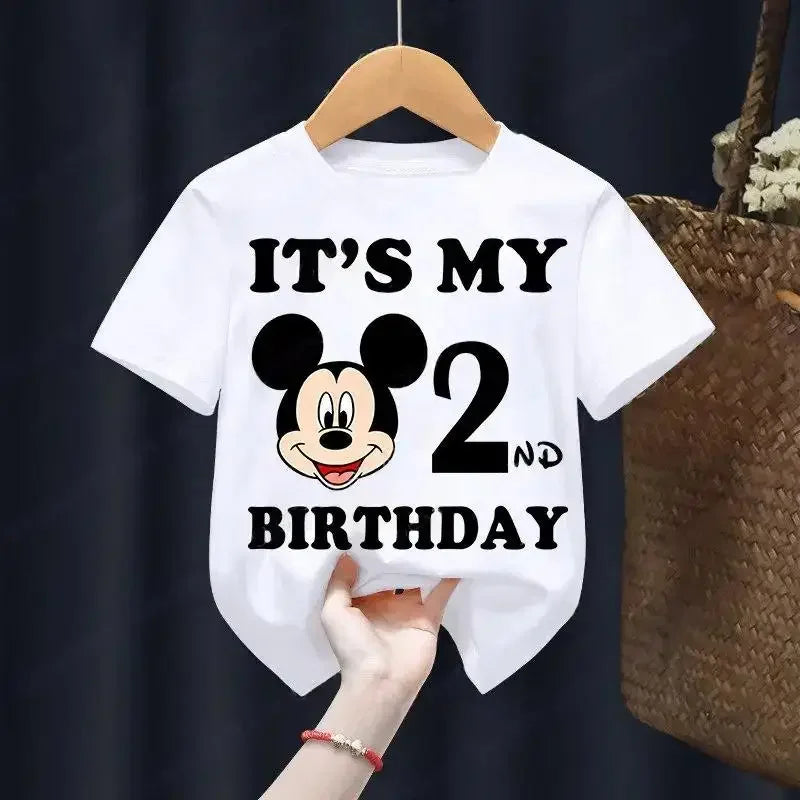 Mickey Mouse Children Cotton T-Shirt Disney Birthday Number1-9 Boy Girl Clothes Kid Kawaii Cartoons Little Baby Casual Tee Shirt