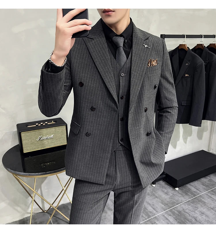 2023 Fashion New Men's Boutique Business Slim Wedding Striped Double Breasted Suit Blazers Jacket Pants Trousers Vest 3 Pcs Set