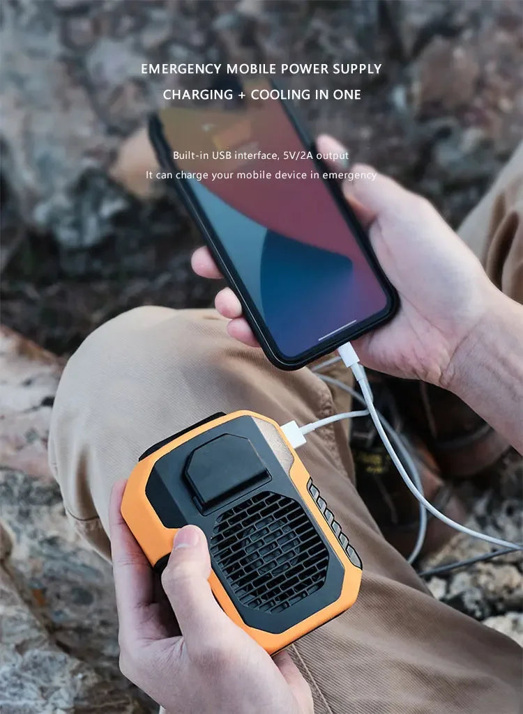 Outdoor Waist Mounted Fan Polymer Battery Anti Drop Shock Absorption USB Portable Power Bank with Bladeless Hanging Neck Fan