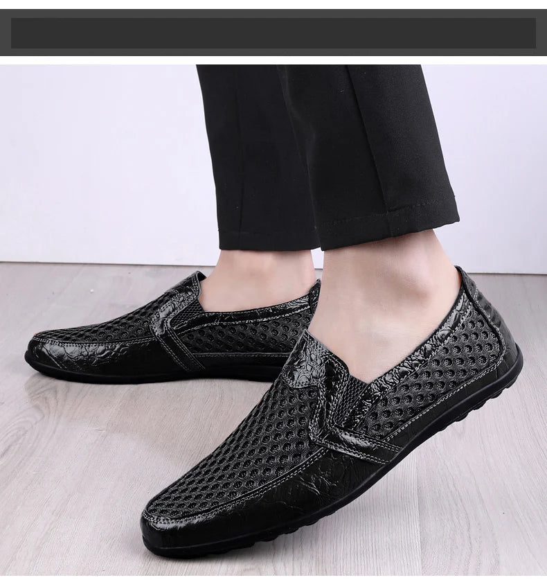 Men Summer Leather Loafers Casual Shoes Breathable Men Sneakers 2022 Fashion Comfort Male Outdoor Black Rubber Flat Men Shoes