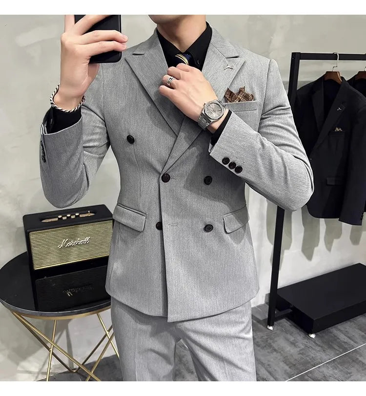 2023 Fashion New Men's Boutique Business Slim Wedding Striped Double Breasted Suit Blazers Jacket Pants Trousers Vest 3 Pcs Set