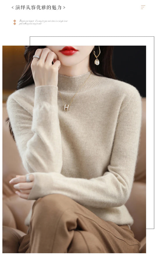 Autumn And Winter Women's Pullover 100% Pure Wool Seamless Ready-To-Wear Semi-High Collar Skin-Friendly Fashion Knitted Sweater