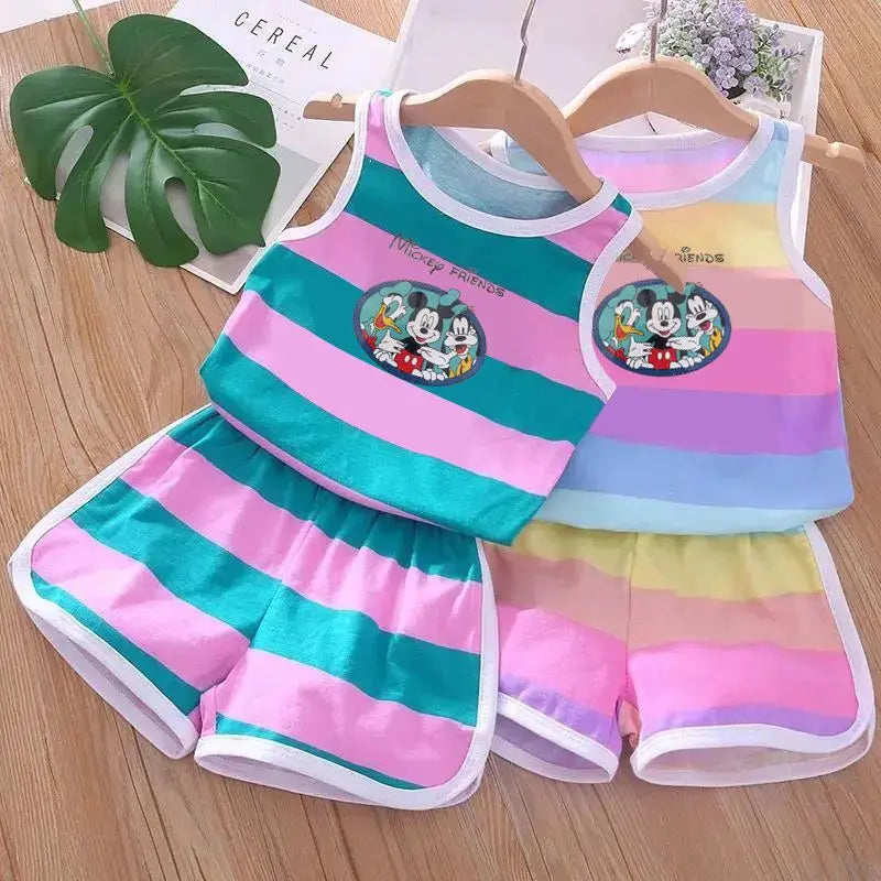 Summer Baby Kids Clothes Sets Cute Minnie Mickey Cartoon Girls and Boys Vest and Shorts 2pieces Disney Children's Outfits