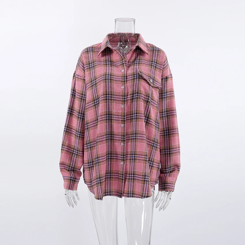 Mnealways18 Pink Plaid Shirts And Tops Women Street Wear Gingham Casual Long Sleeve Top Single-Breasted Oversize Shirt Ladies