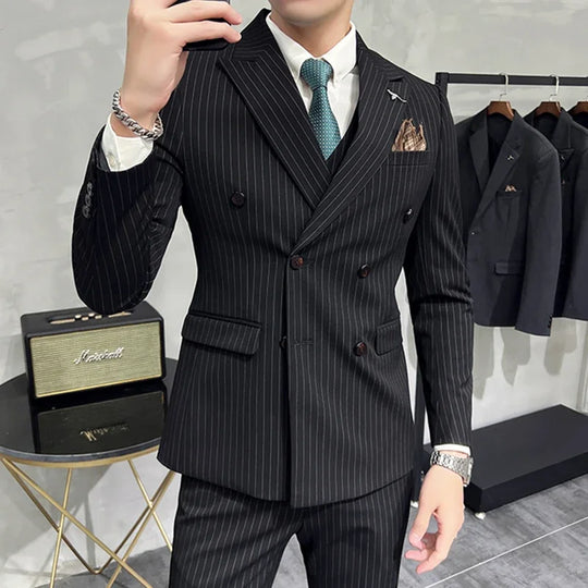 2023 Fashion New Men's Boutique Business Slim Wedding Striped Double Breasted Suit Blazers Jacket Pants Trousers Vest 3 Pcs Set