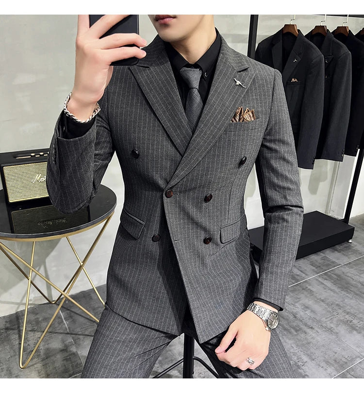 2023 Fashion New Men's Boutique Business Slim Wedding Striped Double Breasted Suit Blazers Jacket Pants Trousers Vest 3 Pcs Set