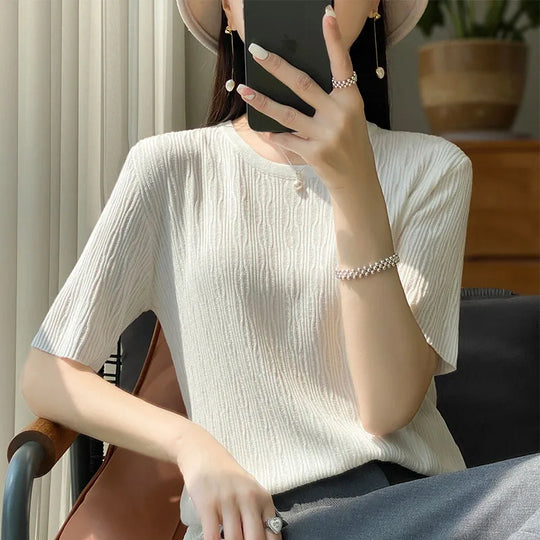 Summer Ice Silk Short Sleeve T-Shirt Female Joker Solid Color Ladies Pullover Loose Thin Round Neck Sweater To Wear Outside