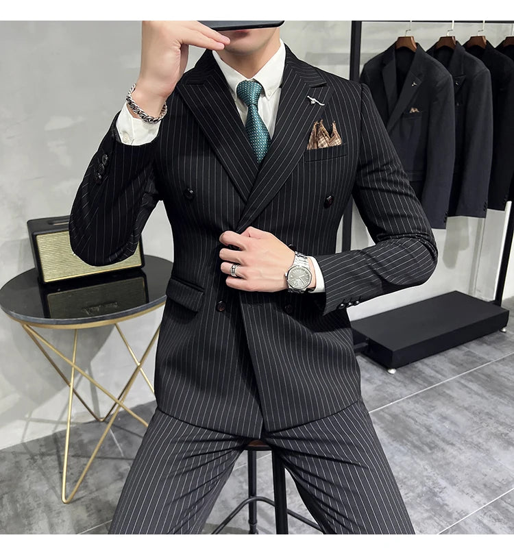 2023 Fashion New Men's Boutique Business Slim Wedding Striped Double Breasted Suit Blazers Jacket Pants Trousers Vest 3 Pcs Set