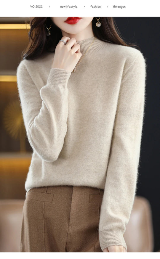 Autumn And Winter Women's Pullover 100% Pure Wool Seamless Ready-To-Wear Semi-High Collar Skin-Friendly Fashion Knitted Sweater