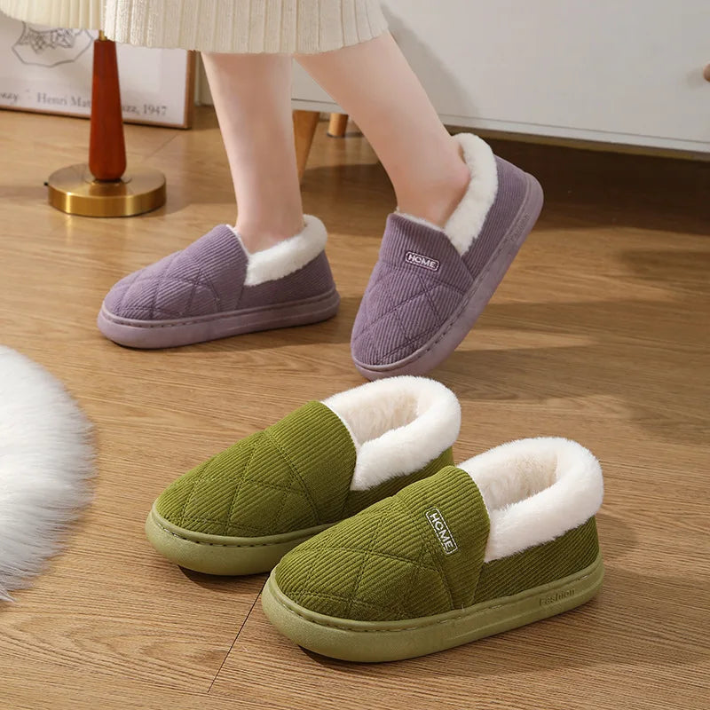 New 2023 Corduroy Cotton Shoes for Women Home Warm Anti-slip Couple Winter Cotton Plush Slippers Platform Shoes Men