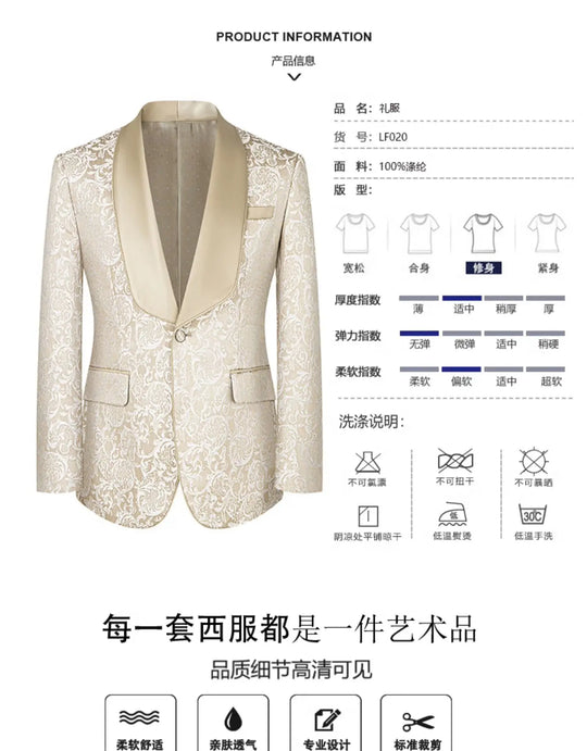 (Spring 2024) Wedding Fashion (suit + Vest + Trousers) Fashion Three-piece Wedding Dress with High Density Jacquard   Polyester