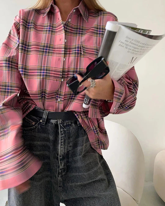 Mnealways18 Pink Plaid Shirts And Tops Women Street Wear Gingham Casual Long Sleeve Top Single-Breasted Oversize Shirt Ladies