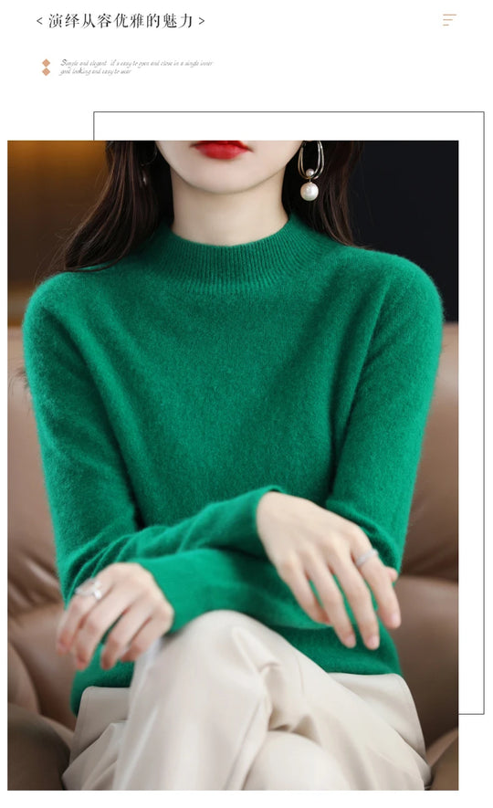 Autumn And Winter Women's Pullover 100% Pure Wool Seamless Ready-To-Wear Semi-High Collar Skin-Friendly Fashion Knitted Sweater