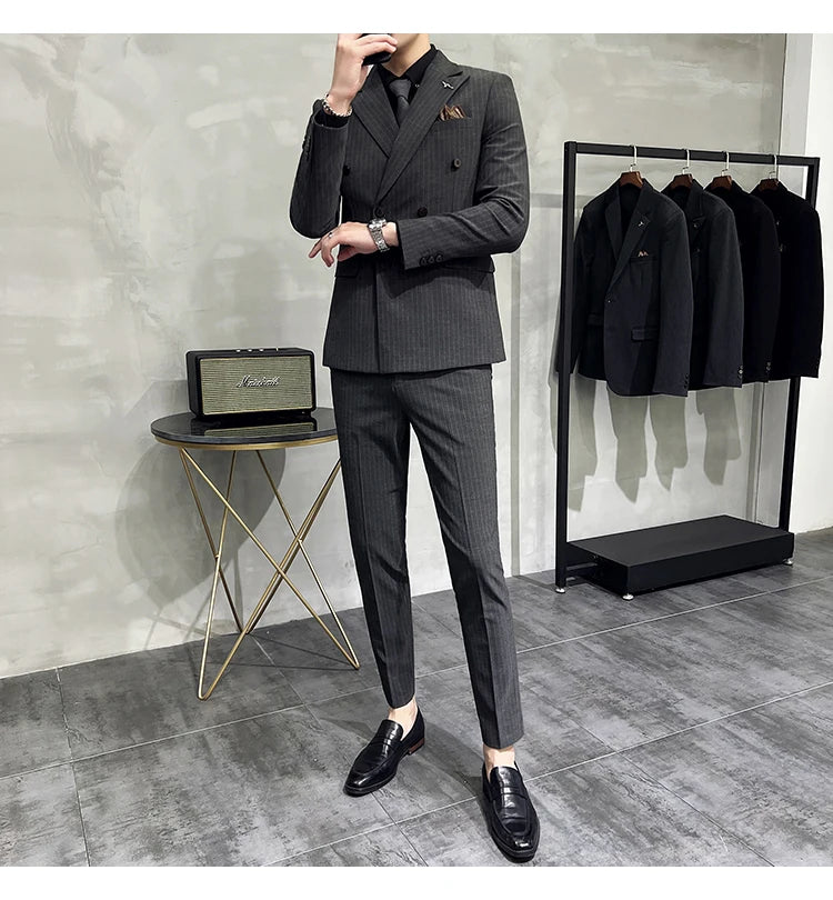 2023 Fashion New Men's Boutique Business Slim Wedding Striped Double Breasted Suit Blazers Jacket Pants Trousers Vest 3 Pcs Set